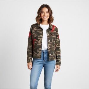 Anthropologie Pilcro Sz S Camouflage Floral Embroidered Trucker Jacket